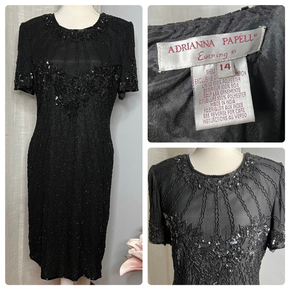 80s Vintage Adrianna Papell Beaded Sequin Silk Dress Gown Women's‎ Size 14 Black